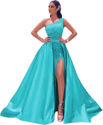 Molisa One Shoulder Sequin Prom Dresses 2024 Long Sparkly Satin Mermaid Formal Evening Party Gowns with Slit