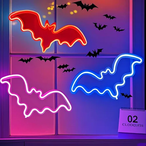 Miniatura 17 de Letreros de neón de murciélago para dormitorio, mesita de noche, decoración de pared, decoración de Halloween, luces LED de noche, adornos de mesa