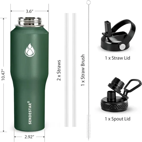 Miniatura 3 de SENDESTAR Botella de Agua de 32 oz de Boca Ancha de Acero Inoxidable con Aislamiento al Vacío de Doble Pared con Tapas de Pajita que Cabe en Verde