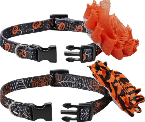 Miniatura 3 de Collar de perro de Halloween con flor desmontable, collar de calabaza de araña para mascotas pequeñas y cachorros