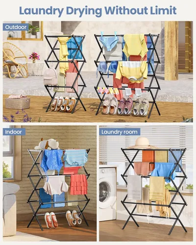 Miniatura 7 de APEXCHASER Estante de Secado de Ropa, Estante de Secado de 3 Niveles para Ropa, Secador de Ropa Metálico Expandible, Estante de Toallas Plegable