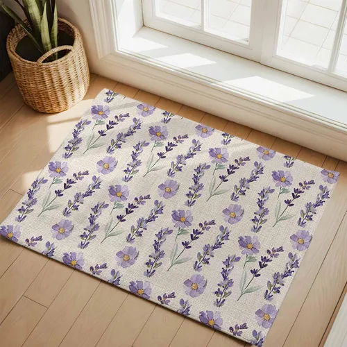 2'x3' Entry Rug, Lavender Floral Kitchen Mats Small Area Rug Floor Carpet, Summer Pastoral Watercolor Retro Flowers Low Pile Door Mat Throw Rugs for