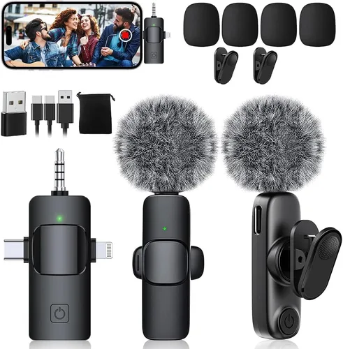 Mini micrófono, 3 en 1 micrófonos de solapa inalámbricos para iPhone/iPad/Android/cámara (Lightning/USB/conector de 0.138 in), paquete de 2 Negro (3