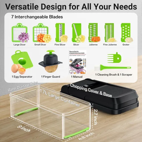 Miniatura 2 de SpaceHacks Picador de verduras 12 en 1, utensilios de cocina con 7 cuchillas, para verduras, alimentos, picador de cebolla, cortador de pepino, Verde