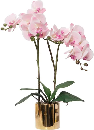 Miniatura 11 de CXGS Planta de orquídeas artificiales de tacto real, orquídeas falsas en jarrón de cerámica, naranja, 19.7 pulgadas, arreglo floral falso