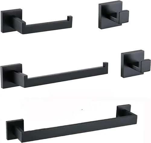 Ralbay Juego de 5 toallas de baño de 14.2 pulgadas, color negro, acero inoxidable de alta calidad, estilo cuadrado, color negro mate, juego de