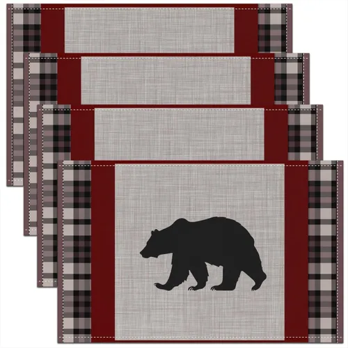 Miniatura 19 de Lodge - Juego de 4 manteles individuales de cabina con diseño de silueta de pino y oso gris, tapetes de cocina para mesa de comedor, animales