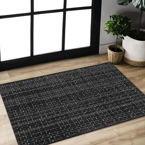 Miniatura 2 de Alfombra de baño estilo bohemio, 2 x 3 pies, alfombra de algodón tejida a mano para entrada, reversible, lavable, alfombra estilo granja, color Negro