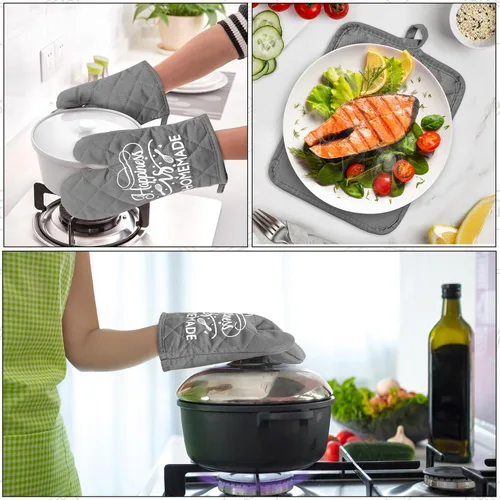 Miniatura 6 de Juego de 6 piezas de manoplas de horno y agarraderas para ollas La felicidad es cocinar en casa Almohadillas resistentes al calor Lavables a máquina