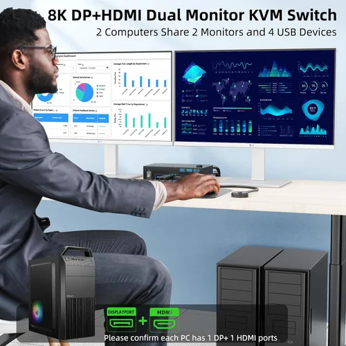 Miniatura 3 de Conmutador KVM 2 Monitores 2 Computadoras 8K Displayport 1.4 y HDMI 2.1 Monitor dual USB 3.0 2 IN 2 Out KVM Switch para 2 PC Compartir 2 Pantallas