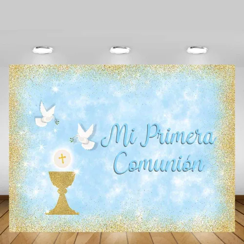 MEHOFOND Telón de fondo de bautismo para niño de 8 x 6 pies, pancarta de bautizo con purpurina dorada para cáliz, palomas de cáliz azul sagrado,