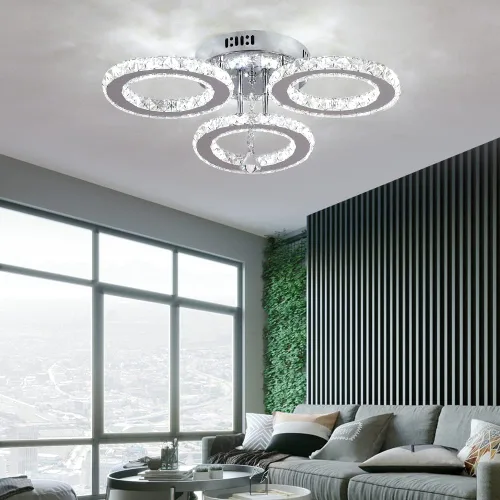 Miniatura 6 de Deckrico Moderno candelabro de cristal de montaje empotrado, lámpara de techo colgante de acero inoxidable de 3 anillos redondos para sala de estar