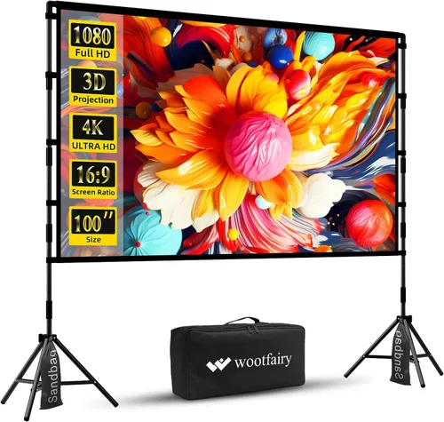 Pantalla de proyector con soporte, Wootfairy pantalla de proyección plegable y portátil de 100 pulgadas 16:9 4K HD, pantalla de película sin arrugas