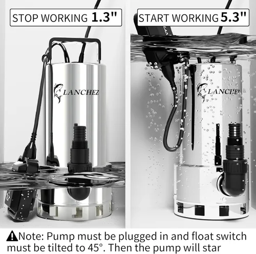 Miniatura 4 de LANCHEZ Bomba de sumidero de 1.6 HP 6000 GPH, bomba de agua sumergible de alto flujo de acero inoxidable con interruptor de flotador, bomba de agua