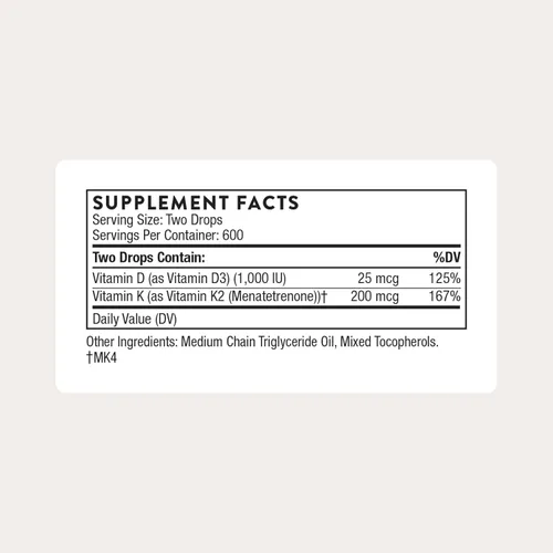 Miniatura 2 de THORNE - Vitamina D + K2 Líquida con un Dosificador Medido - Vitaminas D3 & K2 para Apoyar Huesos y Músculos Saludables* - 1 Fl Oz (30 ml) - 600