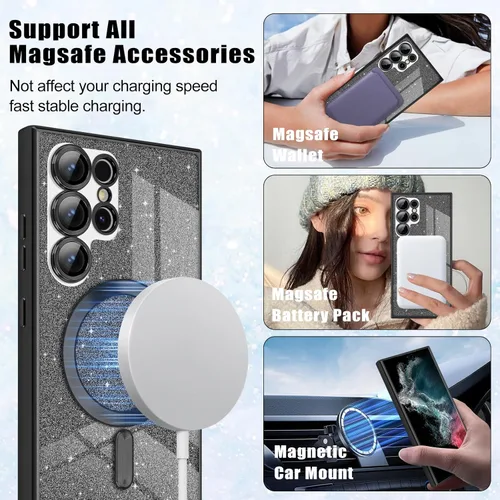 Miniatura 6 de Newseego Funda ultra magnética para Samsung Galaxy S22, funda de lujo con purpurina para mujeres y niñas, protección completa de la lente de la Negro