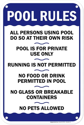 Miniatura 14 de Letrero de reglas de la piscina, «Swim at Your Own Risk, This is a Private Pool, No Food No Runing, No Glass, No Pets – Cartel de piscina, 10 x 14