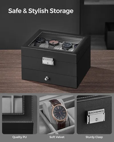 Miniatura 18 de SONGMICS UJWB012 - Caja de reloj de 12 ranuras, caja de reloj con cerradura con tapa de vidrio, 2 capas, con 1 cajón para anillos, pulseras, idea