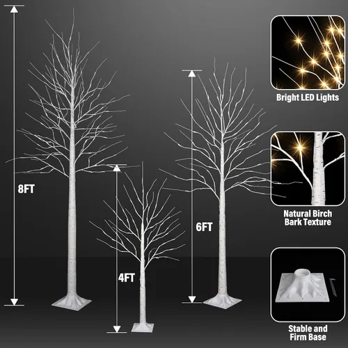 Miniatura 2 de iBaycon Árboles de abedul de 4 pies, 6 pies y 8 pies, juego de 3 árboles de abedul LED iluminados con temporizador de 8 modos, árboles preiluminados