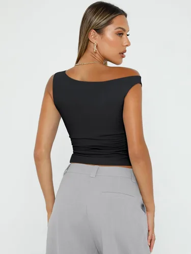 Miniatura 4 de Trendy Queen Camisetas sin mangas con hombros descubiertos para mujer, camisetas sin mangas para salir, ajustadas, trajes de verano Y2K 2024