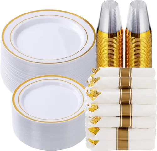 Goodluck Juego de vajilla de plástico dorado de 350 piezas para 50 invitados, elegantes platos desechables para fiesta, incluye: 50 platos de cena,