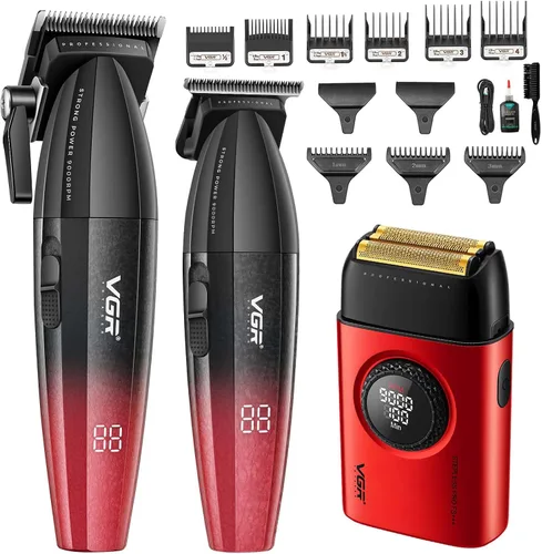 VGR Juego de cortapelos y recortadoras profesionales de peluquería para hombres, afeitadora de lámina de triple hoja flotante, kit de corte de