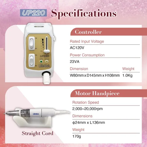 Miniatura 5 de [Upower] Máquina perforadora de uñas profesional UP220, lima eléctrica de 20000 RPM para uñas, bajo ruido y baja vibración, uso doméstico y de salón