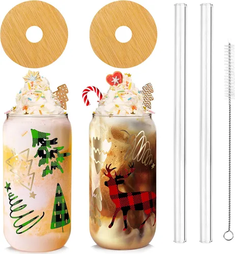 Miniatura 8 de Vasos de Navidad de 18 onzas para café helado de Navidad con tapas y pajitas, regalos de elefante blanco para adultos, vaso colorido de árbol