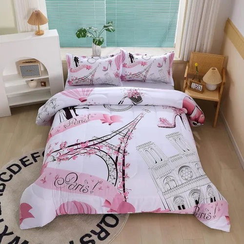 Miniatura 11 de Juego de edredón estilo París para niñas y adolescentes, edredón tamaño individual de la Torre Eiffel de Francia con 2 fundas de almohada con Rojo