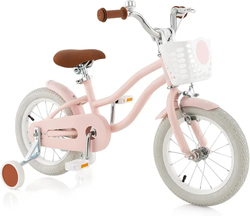 Miniatura 12 de COSTWAY Bicicleta para niños de 12, 14, 16, 18 pulgadas, bicicleta para niños con ruedas de entrenamiento, frenos de mano y posavasos, sillín