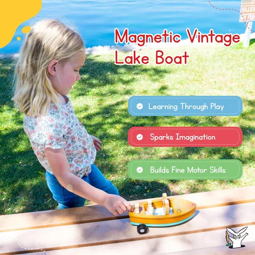 Miniatura 7 de Jack Rabbit Creations Lago magnético de 6 piezas, familia de 4 y figuras de perro, madera FSC, no tóxico, juguete de barco de madera, juego