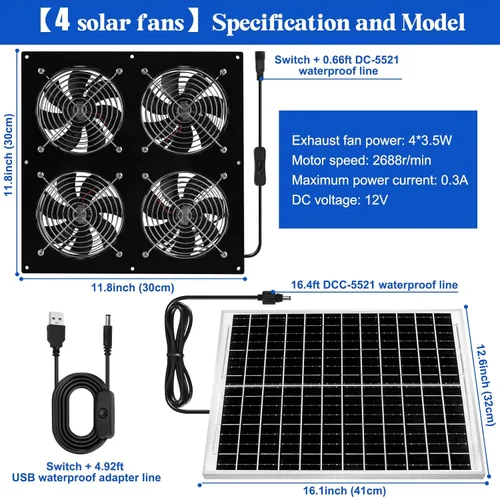 Miniatura 7 de Ventilador de escape solar para gallinero y ventilador alimentado con panel solar de 25 W y paquete de 4 ventiladores de CC sin escobillas de alta