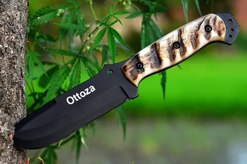 Miniatura 6 de Ottoza Cuchillo de caza de hoja fija con funda de cuero y transporte horizontal, cuchillo de supervivencia y campamento al aire libre de espiga