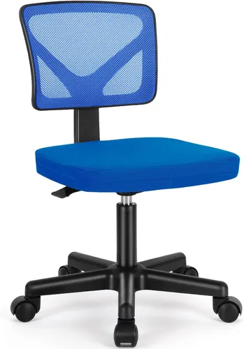 Sweetcrispy Silla de oficina, ergonómica, de malla con respaldo bajo, giratorias, con ruedas, asiento cómodo sin brazos, soporte lumbar para el Azul