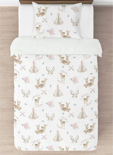 Miniatura 3 de Sweet Jojo Designs Juego de edredón individual de 2 piezas (flores de ciervos del bosque) para niñas, niños, ropa de cama para niños, cama en una