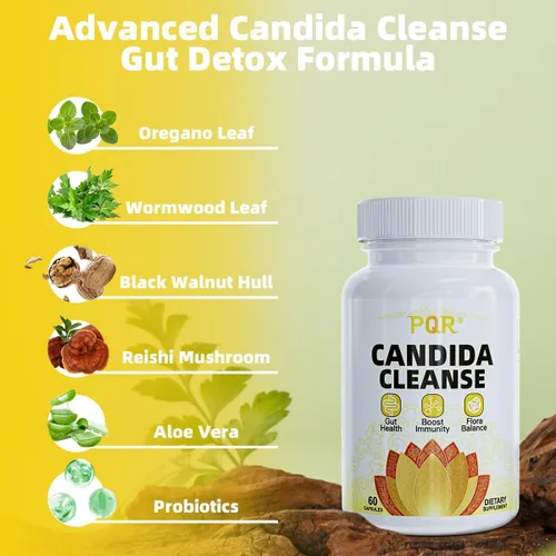 Miniatura 5 de PQR Candida Cleanse - Soporte intestinal y colon, fórmula herbaria natural, incluye hoja de orégano, ajenjo, nogal negro, ácido caprílico-1, 120