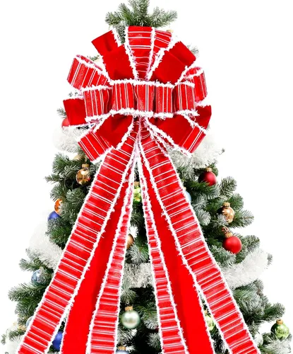 Miniatura 2 de Adorno de lazo grande para punta de árbol de Navidad y corona, lazo con cinta roja de arpillera y borde blanco de poliéster, para hogar, Acción