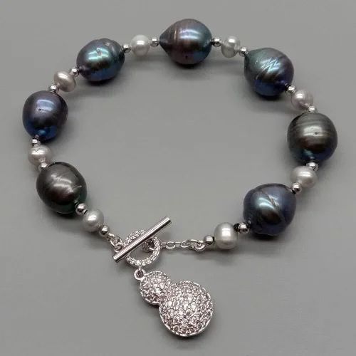 Miniatura 3 de Pulsera redonda de perlas de agua dulce cultivada de color gris arroz negro con cuentas #4341