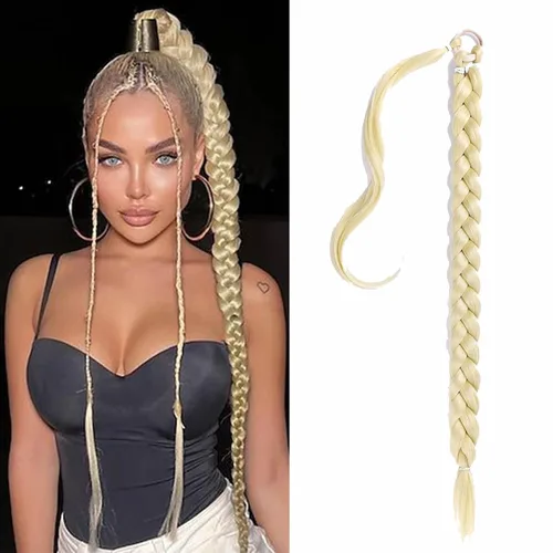Miniatura 17 de Extensión de cola de caballo de trenza larga con lazo elástico, 1 unidad, extensiones de cabello sintético lacio y elegante envolvente para mujer