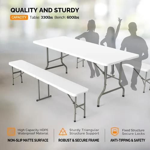 Miniatura 3 de VINGLI Juego de mesa de picnic con 2 bancos, juego de sillas de mesa de campamento de 6 pies, material HDPE resistente con marco de metal, muebles