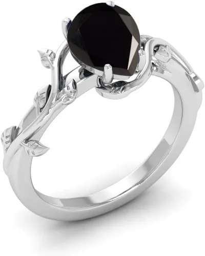Miniatura 2 de foreverblings Anillo de plata de ley 925 de ónix negro, anillo de plata de ley corte de pera, anillo de declaración de hoja de vid para mujer