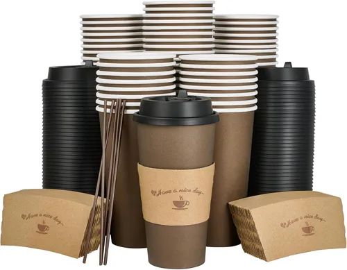 Miniatura 9 de LITOPAK Paquete de 100 tazas de café de papel de 12 onzas con tapas, fundas y palitos de agitación para café, agua o jugo, tazas de papel 12 oz