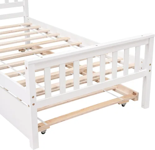 Miniatura 6 de Base de cama individual con nido, cama de plataforma individual con nido extraíble, marco de cama de plataforma doble de madera con cabecera y Blanco