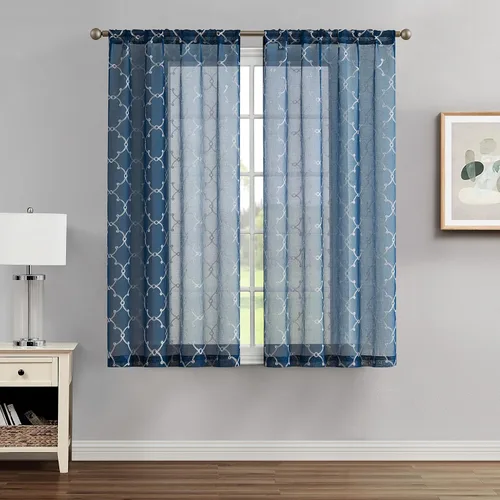 Miniatura 5 de Creative Home Ideas Cortinas transparentes (2 paneles, 38 x 63 pulgadas, azul), paneles de cortina geométricos bordados con alzapaños, cortinas