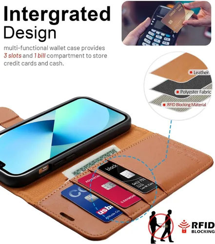 Miniatura 3 de Funda tipo cartera para iPhone 13/iPhone 14 con tarjetero [funda de cuero de alta calidad] [bloqueo RFID]
