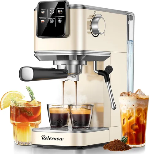 RELEXNOW Máquina de café expreso, 20 bares, espumador de leche y panel LCD, máquina de café caliente y helado, máquina de café espresso de acero