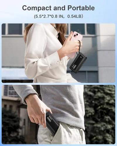 Miniatura 8 de Cargador portátil con cables integrados, batería de 10,000 mAh delgada, carga rápida de 22.5 W, banco de energía con pantalla LED USB C, 6 salidas