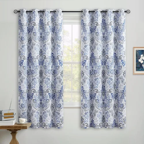 Miniatura 2 de Metro Parlor Cortinas Opacas 100% con Patrón Floral de Damasco Azul Gris de 63 Pulgadas de Largo, 2 Paneles para Sala de Estar, Dormitorio