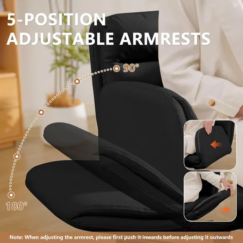 Miniatura 5 de Silla cruzada con brazos abatibles y ruedas giratorias, silla de tocador con altura ajustable y bolsillos laterales, cómodo asiento ancho Negro