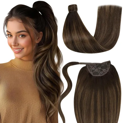 Miniatura 15 de LaaVoo Extensión de cola de caballo de cabello humano marrón para mujer, extensiones de cola de caballo marrón oscuro, extensiones de cabello humano